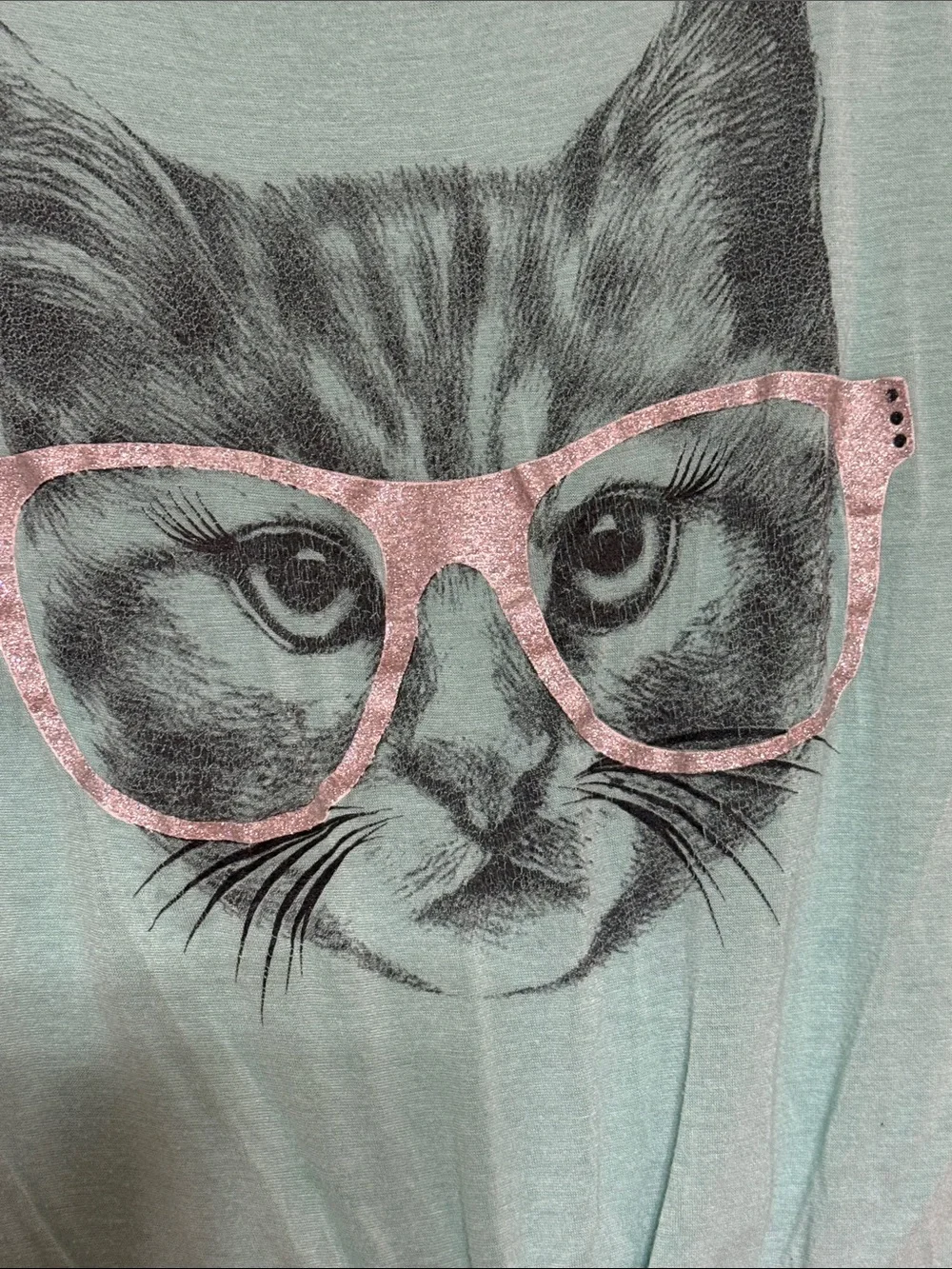 Cat Graphic Tee in Mint Green with Pink Glasses - Unbranded